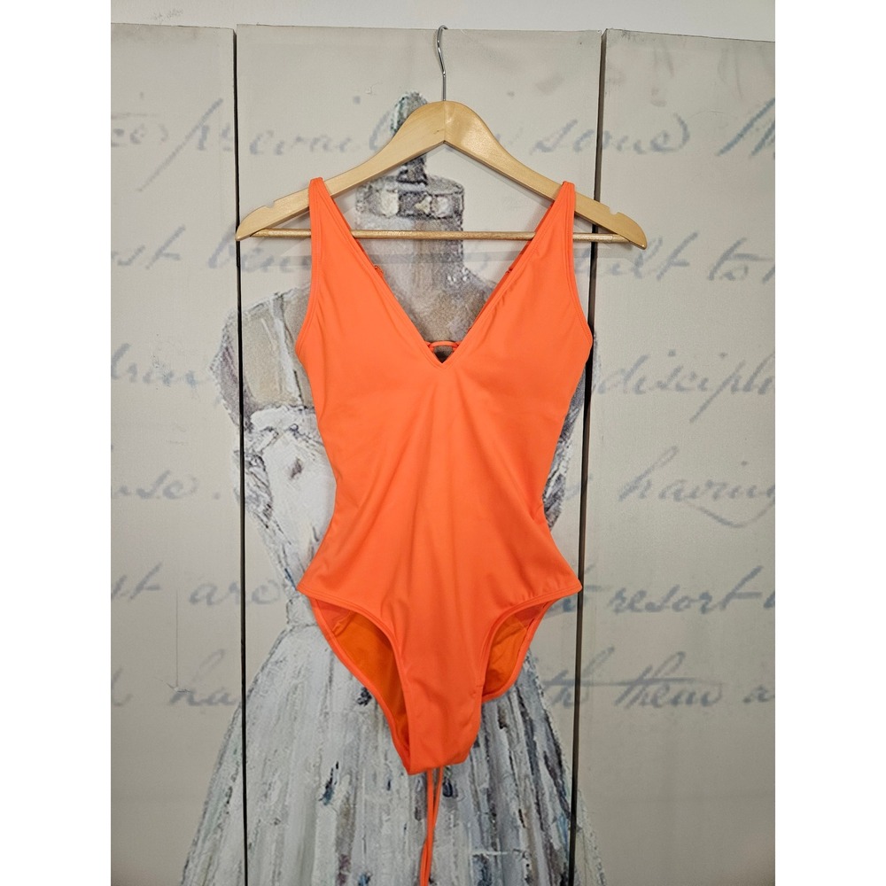 TA3 Plungey One Piece Swimsuit Medium Neon Orange Lace Up Back V-Neck